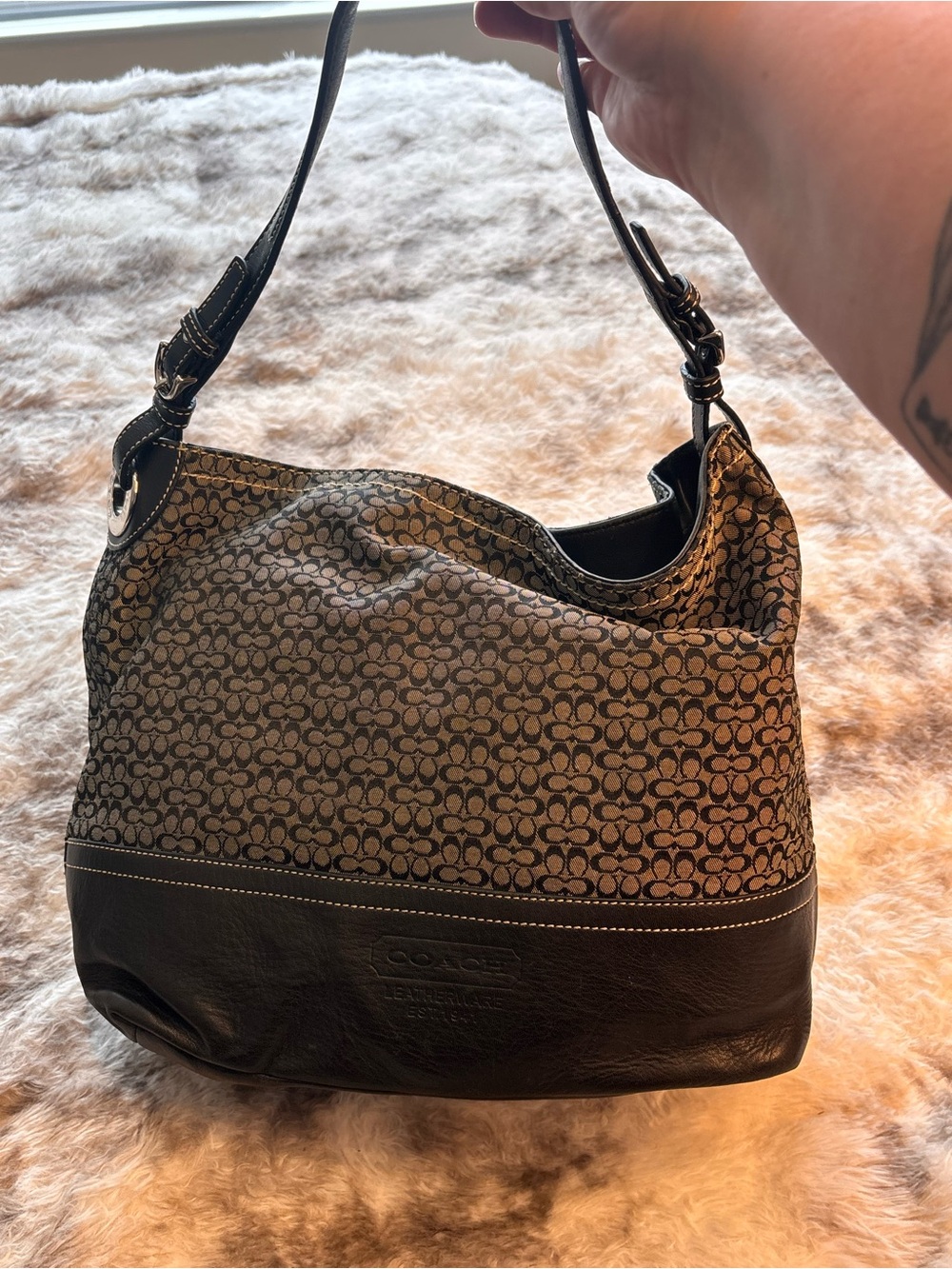 Coach Grey and black Signature Canvas and Leather Shoulder Bag